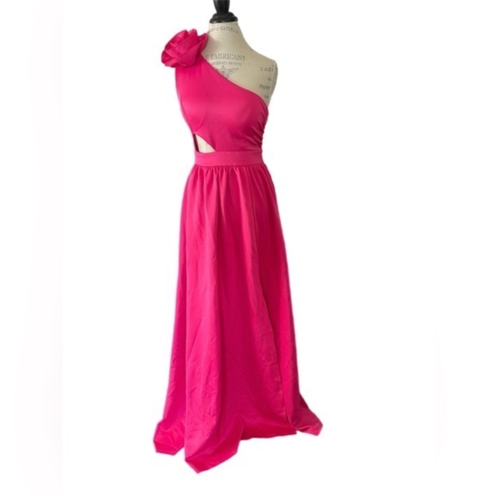Miss Ord One-Shoulder Fuchsia Evening Gown with Floral Shoulder
